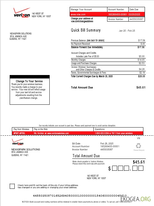 Modèle Word et PDF de facture de services publics Verizon pour les États Unis, version 3